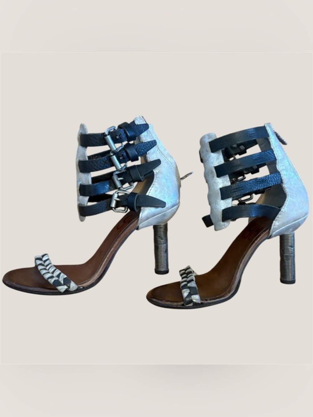 A.S.98 Strappy Leather Industrial Heels | Black + Metallic | 38 / US 8